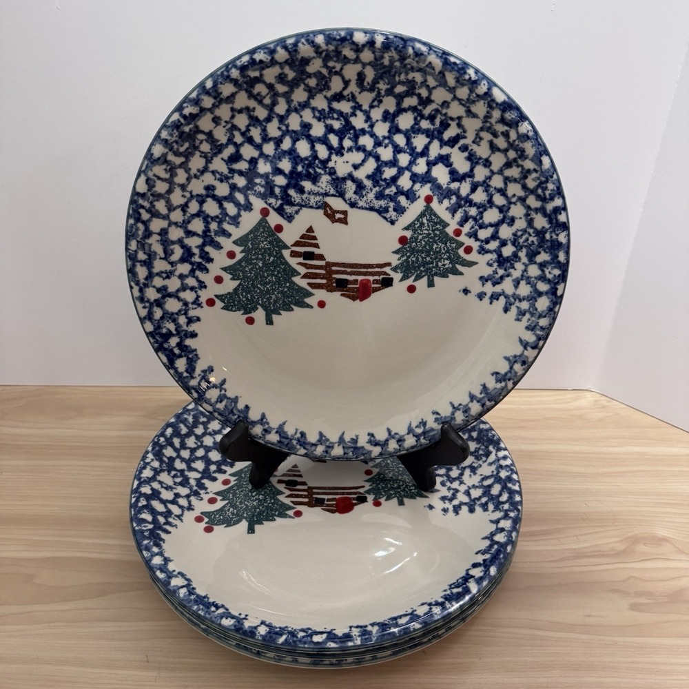 4 VTG Folk Craft Cabin In The Snow 10.5" Dinner Plates Tienshan Christmas Lot 2
